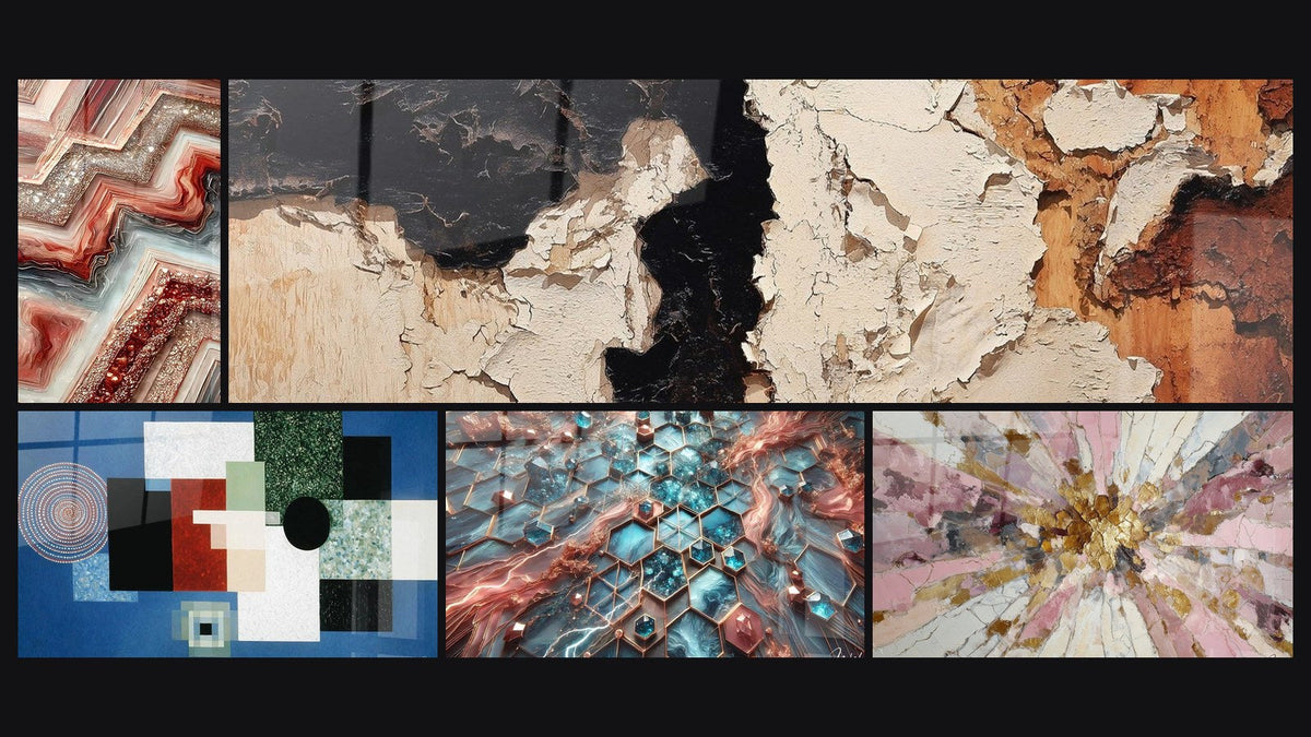 Mosaico de cinco cuadros, entre ellos Fusión Geométrica, Composición Geométrica Orden Racional y Redes de Resplandor