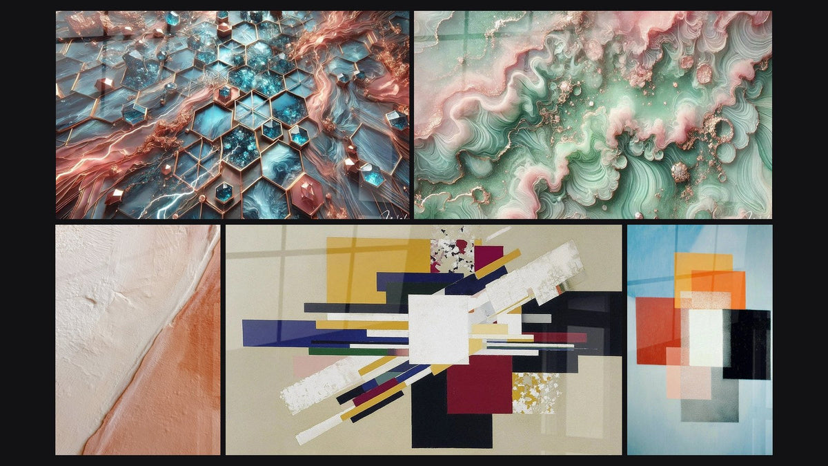 Mosaico de cinco cuadros, entre ellos Redes de Resplandor y Composición Geométrica Tensión Creativa