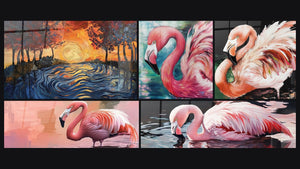 Mosaïque de cinq tableaux, dont Flamant lumière rosée, Flamant rose reflet rosé et Flamant rose Rêve tropical