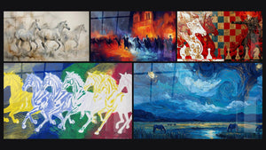 Mosaico de cinco cuadros, entre ellos Caballos blancos al galope y Nuestra Señora de caballos Tormenta