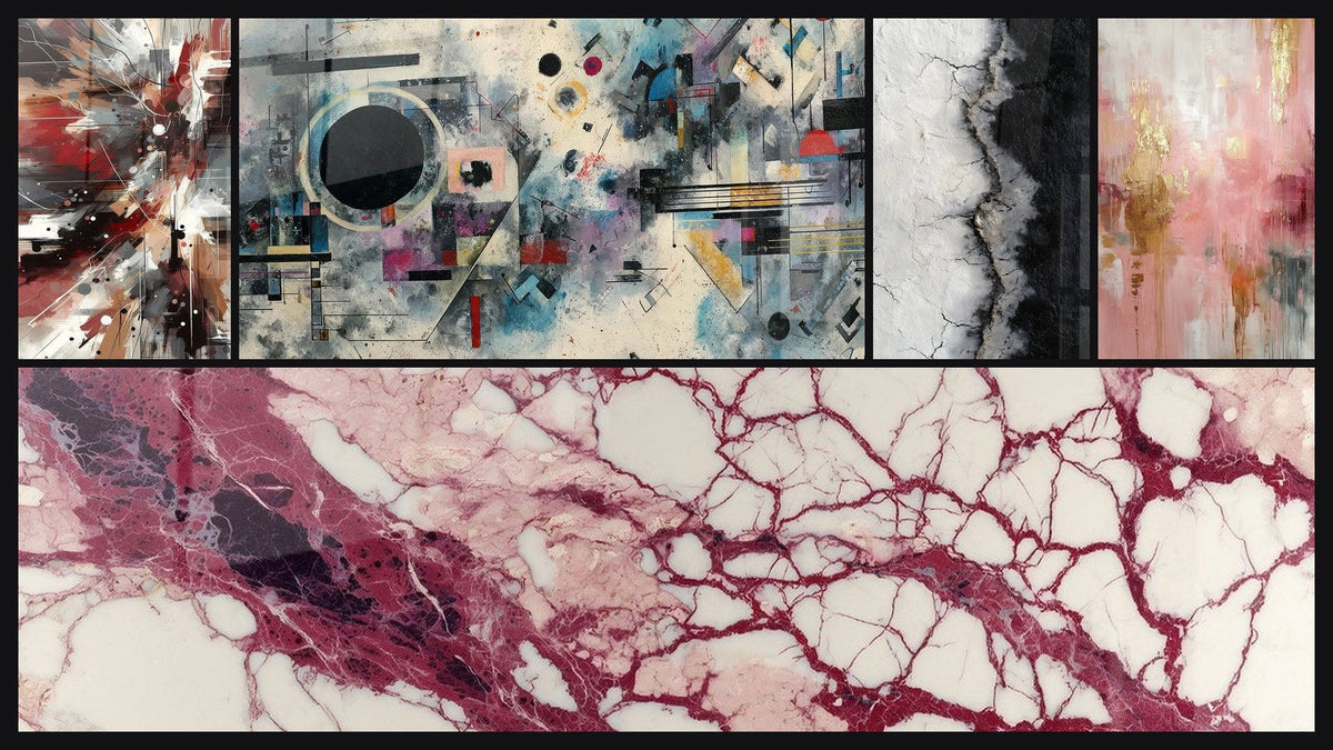 Mosaico di cinque quadri, tra cui Rumore Dinamico Esplosivo e Composizione astratta geometrica di
