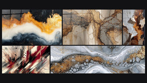 Mosaico de cinco cuadros, entre ellos Marea Eterna Dorada, Turbulencia Artística y Abstracto Fluido Gris y Oro