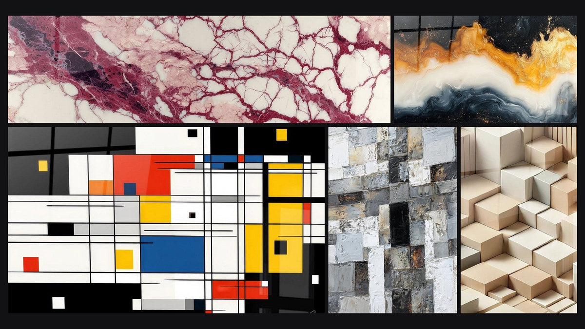 Mosaico de cinco cuadros, entre ellos Vetas púrpuras y crema sobre fondo crú y Composición geométrica colorida