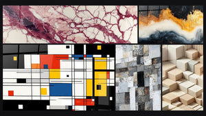 Mozaïek van vijf schilderijen, waaronder Geometrisch gekleurde compositie, Eeuwig Getij Goud en Minimalistisch Gesculpteerd