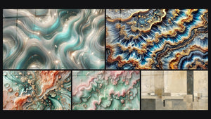 Mosaico de cinco cuadros, entre ellos Ondas Centelleantes, Sueño Coralino y Marea Dorada
