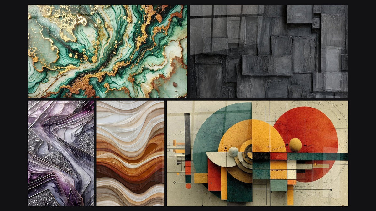 Mosaic of five paintings, including Mystical Marble, Quartz Blades and Geometric Circular Revolution