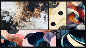 Mosaico de cinco cuadros, entre ellos Abstracto texturizado blanco negro bronce y Equilibrio Esfera Negra