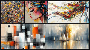 Mosaico de cinco cuadros, entre ellos Explosión de colores, Mujer perfil colorido y Mecánica de Colores