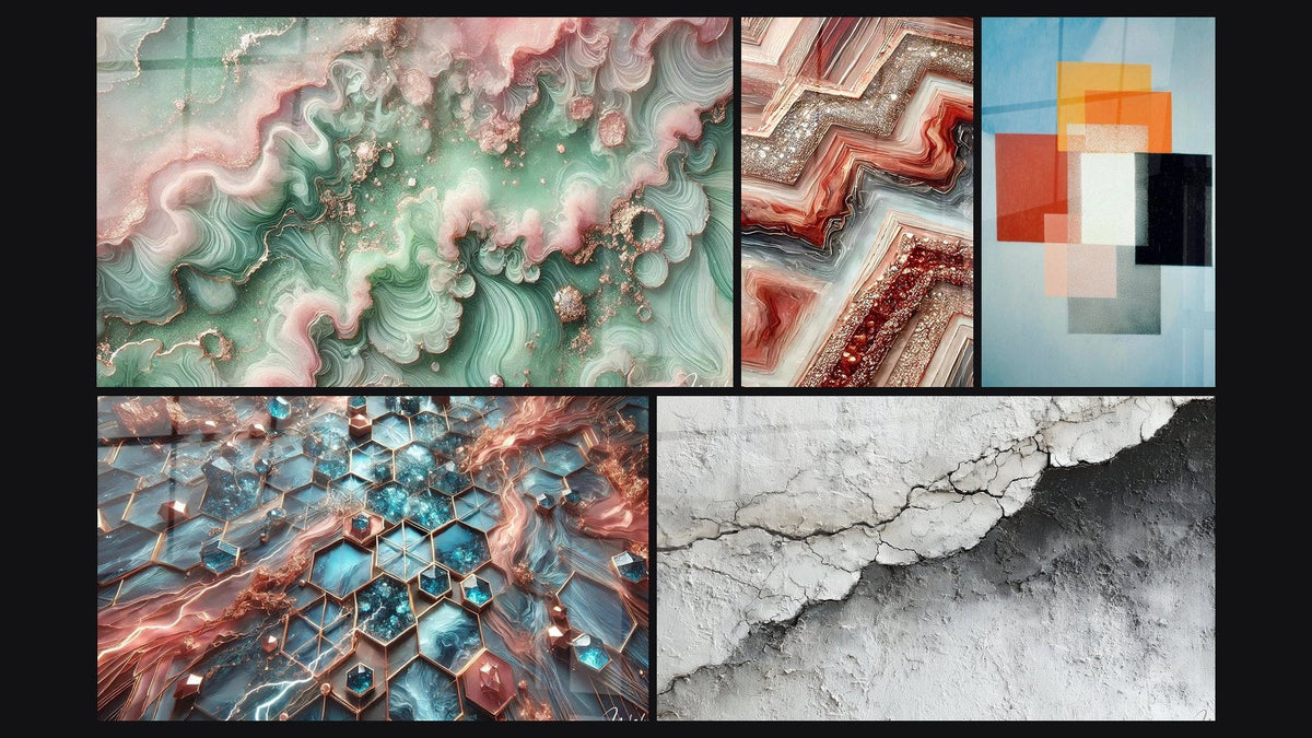 Mosaico de cinco cuadros, entre ellos Bruma Esmeralda, Redes de Resplandor y Fusión Geométrica