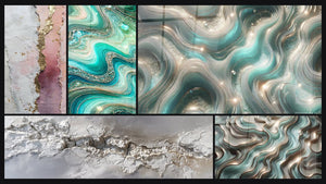 Mozaïek van vijf schilderijen, waaronder Kristallen Golven, Sprankelende Golven en Etherische Curves