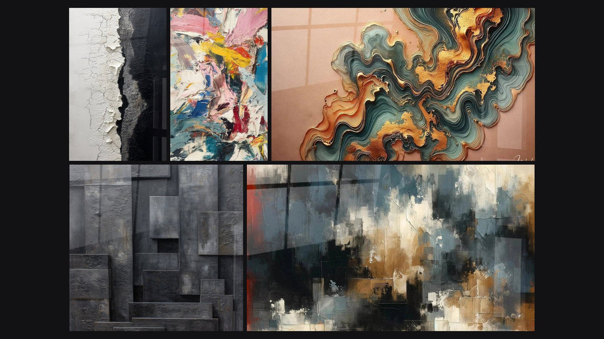 Mosaic of five paintings, including Crackled Texture Wall Art Black and White, Color Explosion and Wave Copper