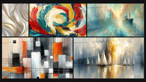 Mosaïque de cinq tableaux, dont Ondulations Dorées sur Fond Nacré, Métamorphose Cosmique et Au Cœur de la Brise