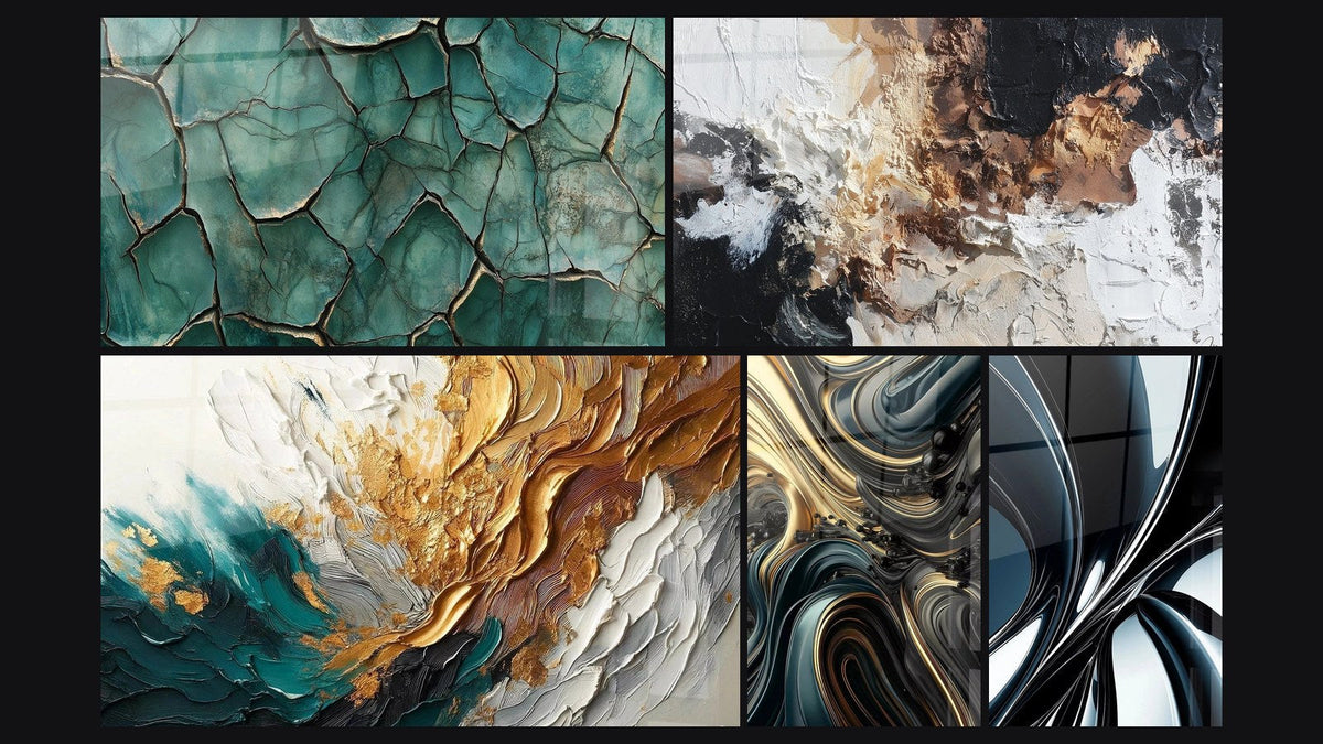 Mosaico de cinco cuadros, entre ellos Tierra Fracturada, Abstracto texturizado blanco negro bronce y Trazos en Oro y Jade
