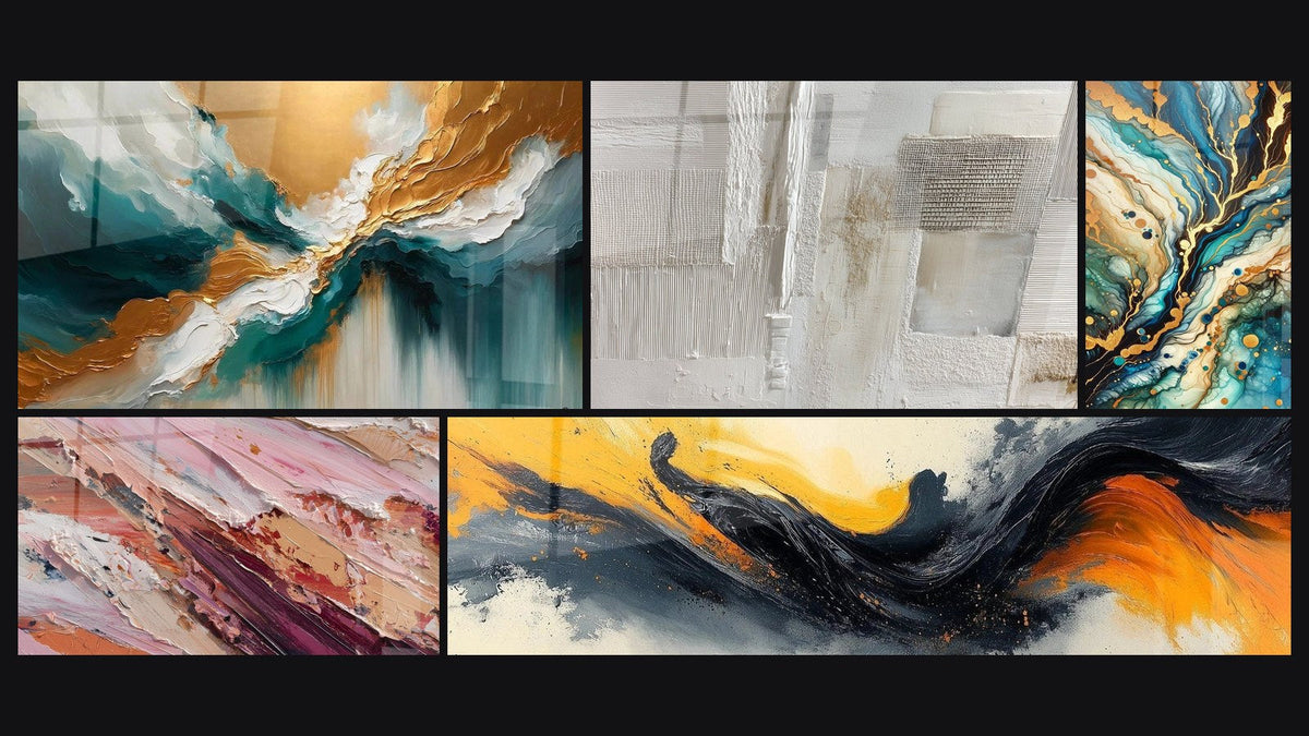 Mosaic of five paintings, including Abyss Light Abstract, Contrasted Symphony Black and Mineral Labyrinth