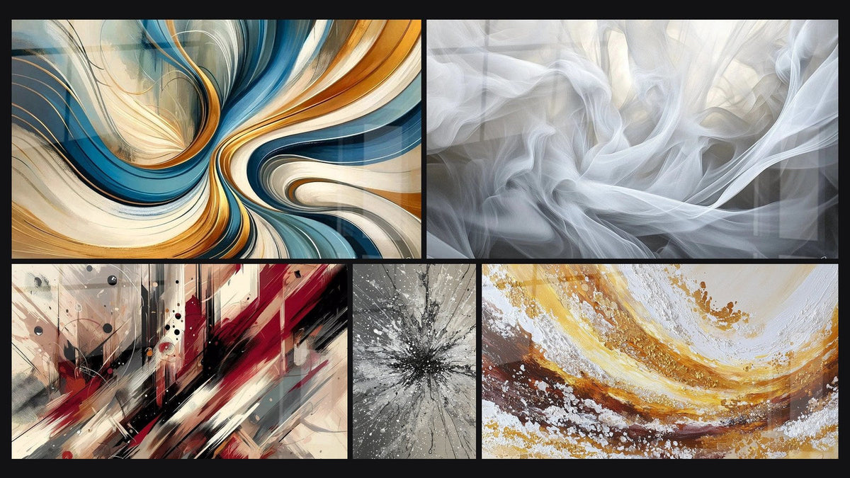 Mosaïque de cinq tableaux, dont Spirales Élégantes, Voiles de Lumière et Turbulence Artistique