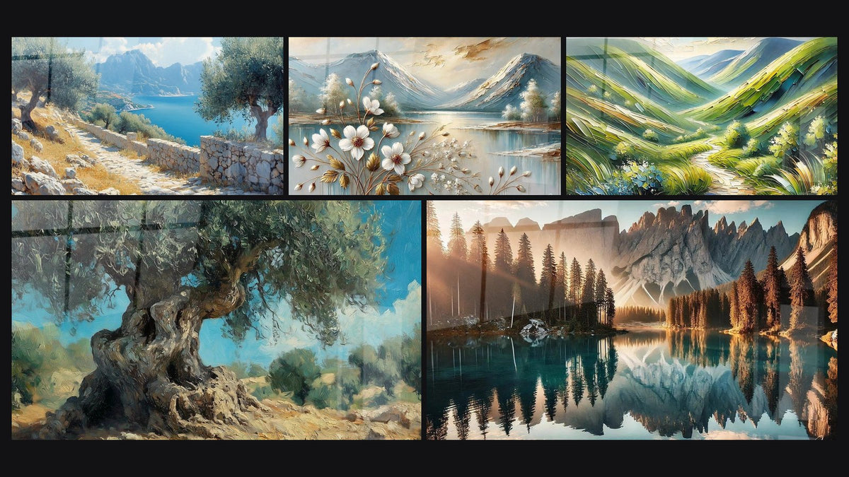 Mosaico de cinco cuadros, entre ellos Sendero de Olivos, Olivo Milenario y Flores y Cumbres
