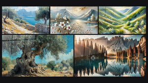 Mosaico de cinco cuadros, entre ellos Sendero de Olivos, Olivo Milenario y Flores y Cumbres