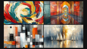 Mosaïque de quatre tableaux, dont Métamorphose Cosmique, Voûtes Chatoyantes Vermillon et Mécanique des couleurs