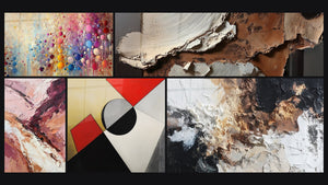 Mosaico de cinco cuadros, entre ellos Mosaico de Esferas y Formas geométricas de colores