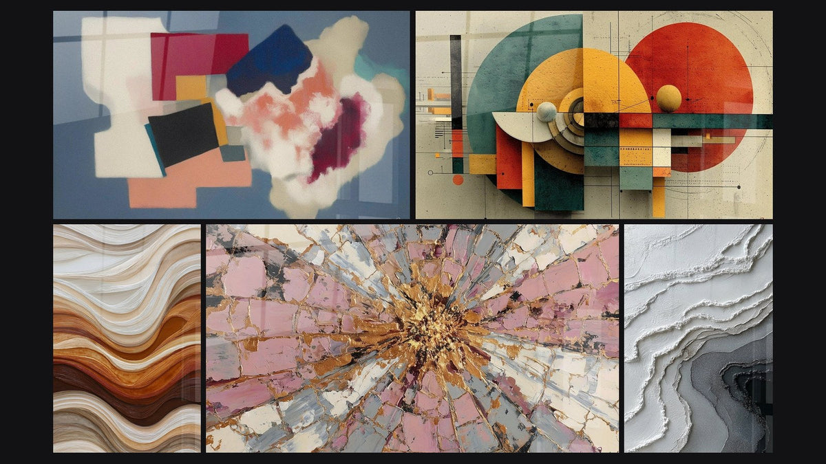 Mosaico de cinco cuadros, entre ellos Formas geométricas poesía cuadrada y Ondas Fluidas Tierra y Cobre