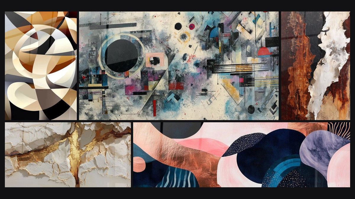 Mosaic of five paintings, including Interlaced Circular Shapes, Abstract Geometric Composition and Undulating Symbiosis Coral
