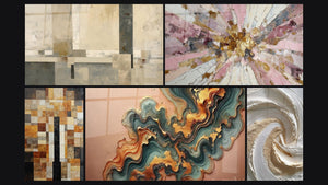 Mosaic of five paintings, including Beige and Gray Geometric Composition and Wave Copper