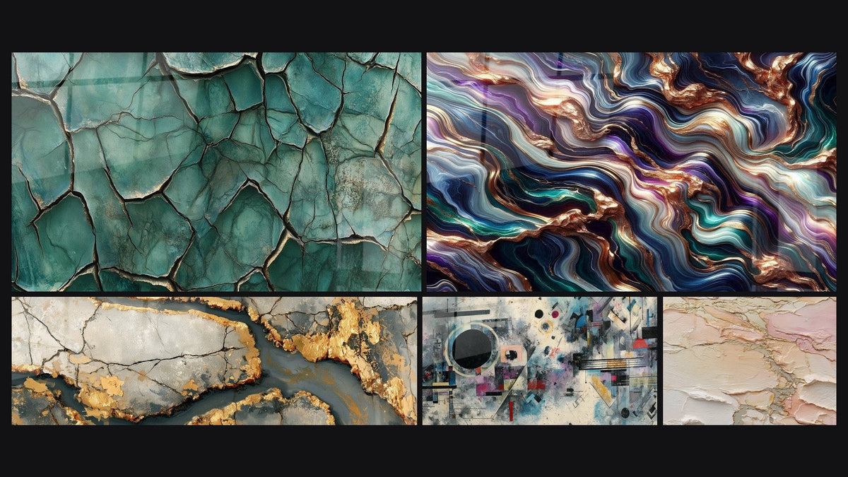 Mosaic of five paintings, including Fractured Earth, Golden Veined Marble and Abstract Geometric Composition