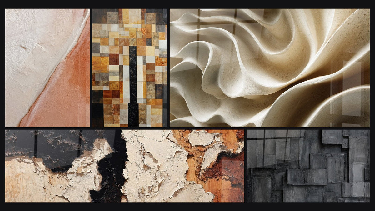 Mosaic of five paintings, including Textured Diagonal White and Brick