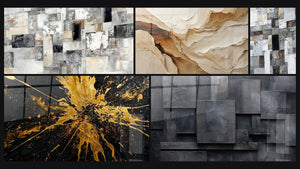 Mozaïek van vijf schilderijen, waaronder Abstract Beige en Aardekleur en Abstract geometrisch grijs kolen zwart