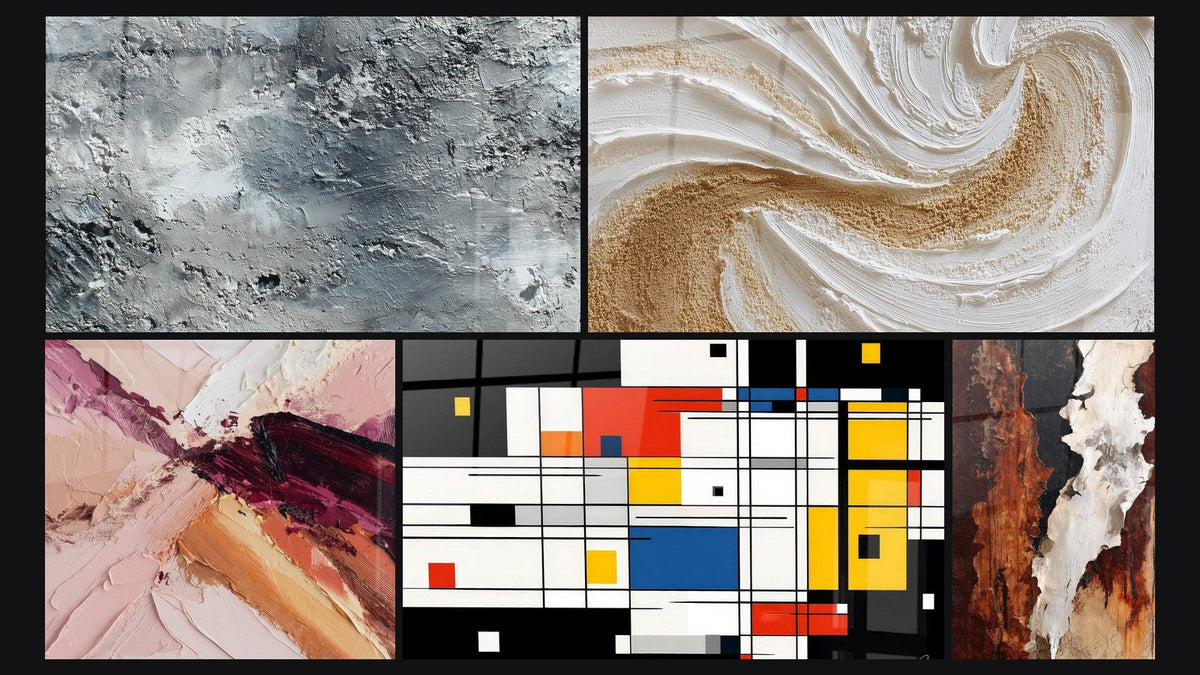 Mosaïque de cinq tableaux, dont Abstrait gris argenté texturé et Composition géométrique colorée
