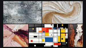 Mozaïek van vijf schilderijen, waaronder Abstract zilverkleurig grijs textuur en Geometrisch gekleurde compositie