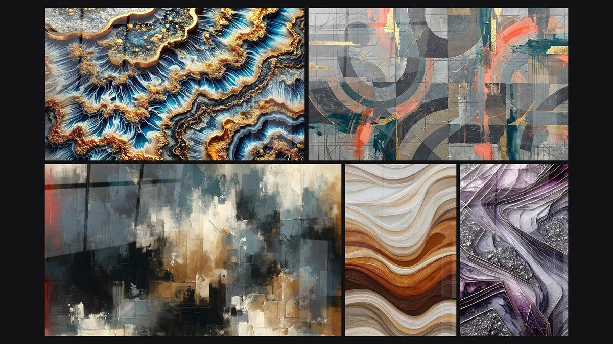 Mosaico de cinco cuadros, entre ellos Marea Dorada, Caos Organizado y Ondas Fluidas Tierra y Cobre