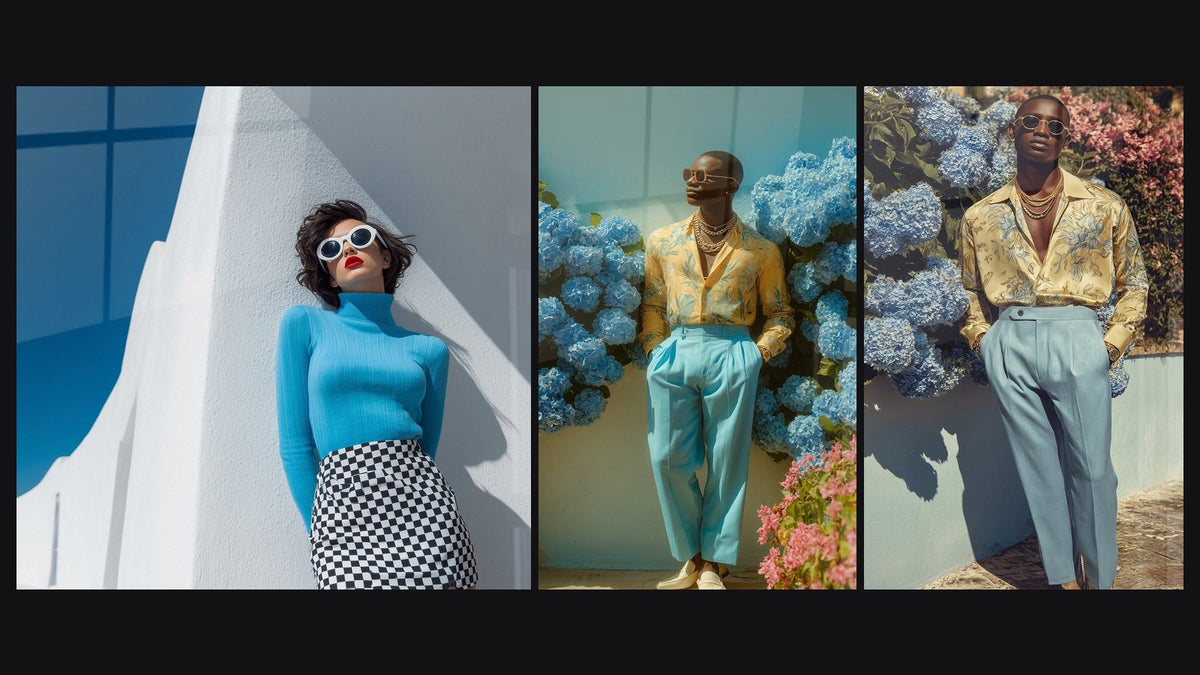 Mosaik aus drei Gemälden, darunter Frau Pullover Türkis Jupe Vichy und Eleganter Mann gelbes Hemd, hellblaue Hose