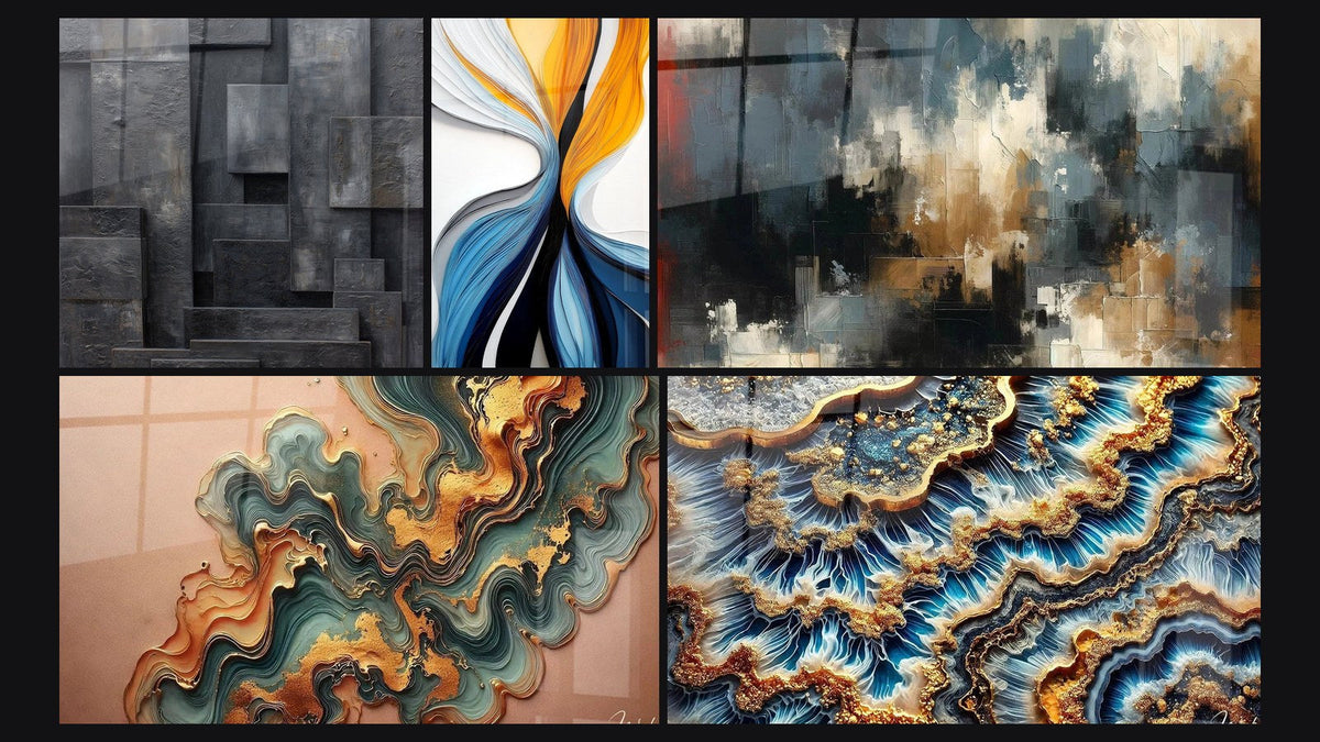 Mosaico de cinco cuadros, entre ellos Flujo dinámico colorido, Caos Organizado y Ola de Cobre