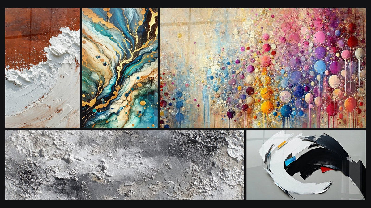 Mozaïek van vijf schilderijen, waaronder Abstract Aarde en Wit Dikke Textuur, Mineraal Labyrint en Mozaïektafel van Bollen