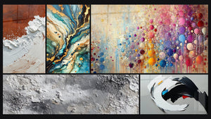 Mozaïek van vijf schilderijen, waaronder Abstract Aarde en Wit Dikke Textuur, Mineraal Labyrint en Mozaïektafel van Bollen