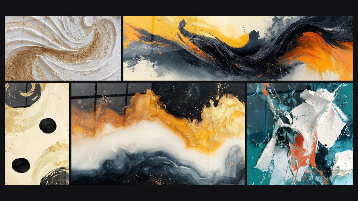 Mosaic of five paintings, including Black Sphere Balance, Eternal Golden Tide and Contrasted Symphony Black