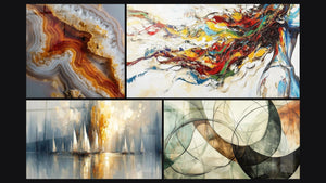 Mosaïque de quatre tableaux, dont Aurore sur la Baie, Muse Moderne et Les Liens Invisibles