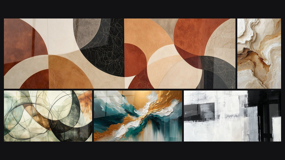 Mosaic of five paintings, including Textured Abstract Wall Art Beige and Ochre, The Invisible Bonds and Abyss Light Abstract