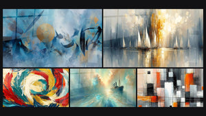 Mosaïque de cinq tableaux, dont Cercle doré abstrait, Métamorphose Cosmique et Au Cœur de la Brise