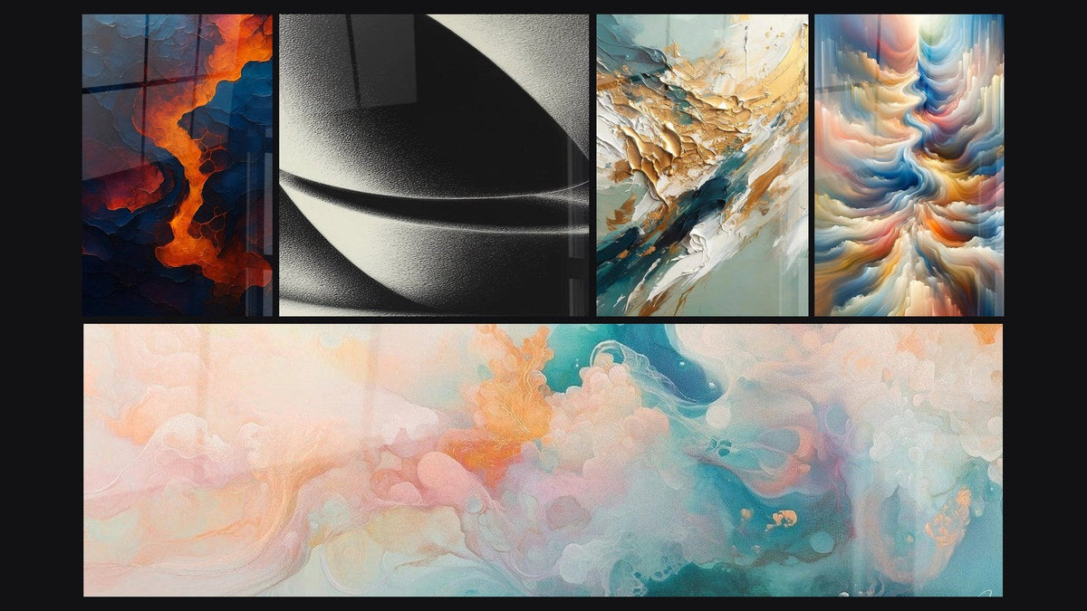 Mosaic of five paintings, including Blood of the Earth, Abstract Sphere and Cumulus Floating Pink