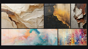 Mosaico de cinco cuadros, entre ellos Abstracto Beige y Tierra, Nubes Flotantes Rosado y Mosaico de Esferas