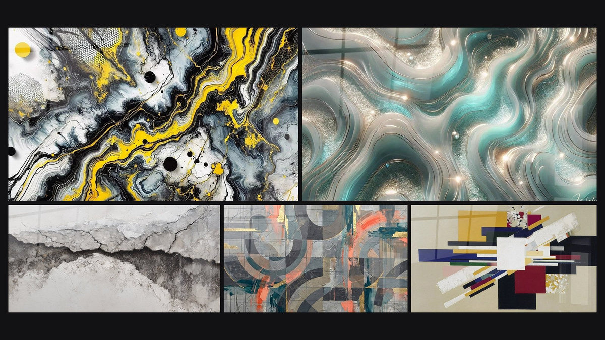 Mosaik aus fünf Gemälden, darunter Impact Schwarz, Schimmernde Wellen und Geometrische Komposition Kreative Spannung