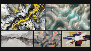 Mosaico de cinco cuadros, entre ellos Impacto Negro, Círculos grises y coral entrelazados y Ondas Centelleantes