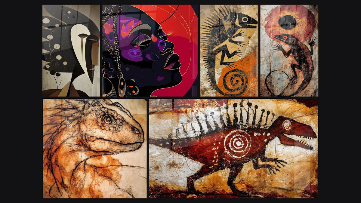 Mosaïque de six tableaux, dont Visage Patrimoine Africain, Portrait Africain Âme pourpre et Iguane préhistorique