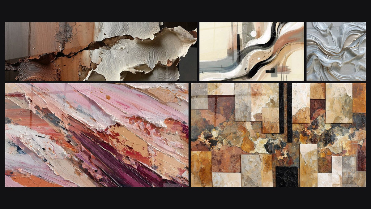 Mosaic of five paintings, including Sillage Abstract and Abstract swirls white pearlescent and gold