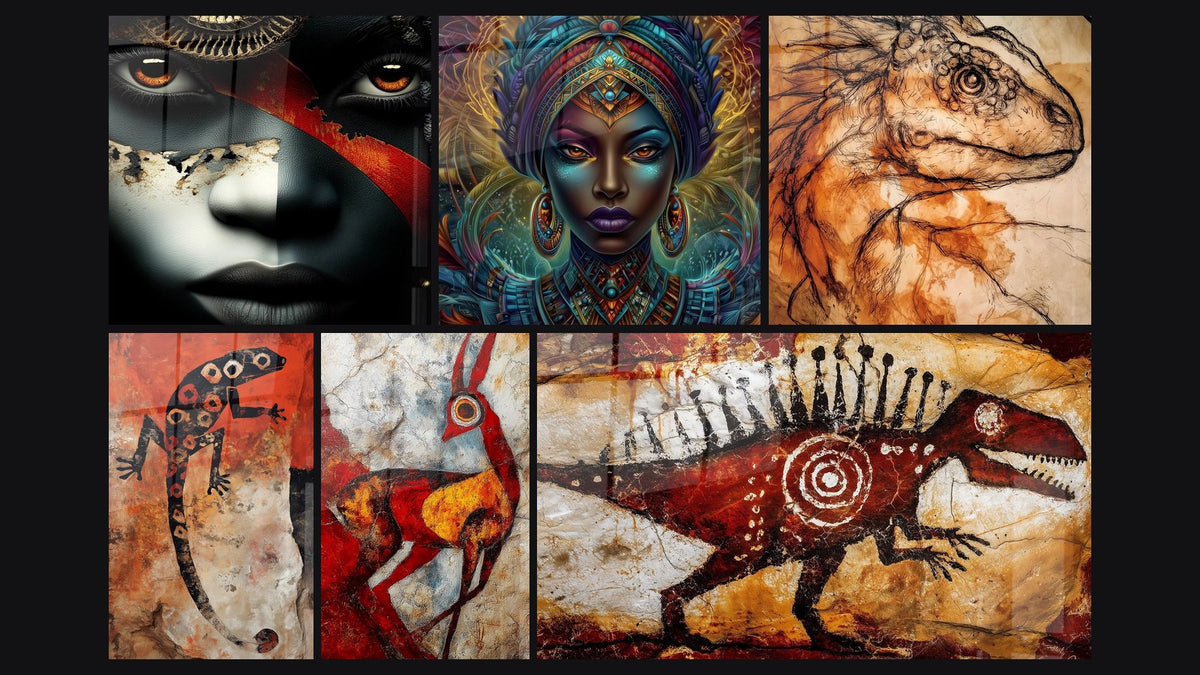Mosaico di sei quadri, tra cui Volto Danza delle Ombre, Donna Imperatrice delle Sabbie Eterne e Rettile stilizzato