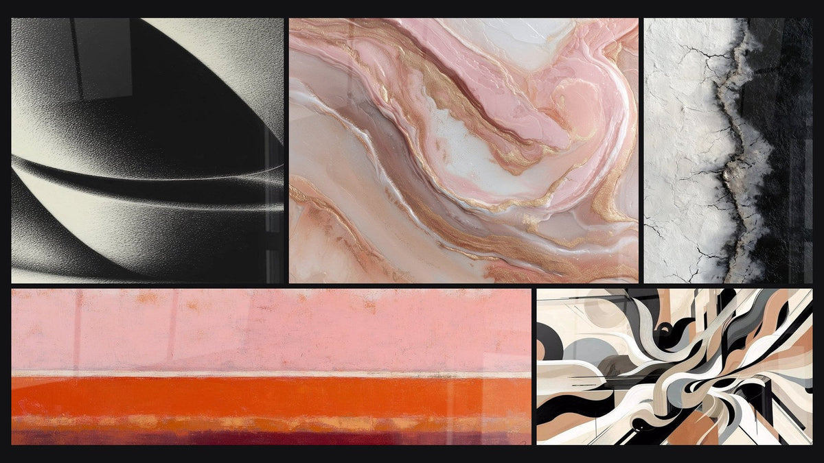 Mosaico de cinco cuadros, entre ellos Esfera abstracta, Abstracto horizontal rosa coral y burdeos y Vibraciones Gráficas