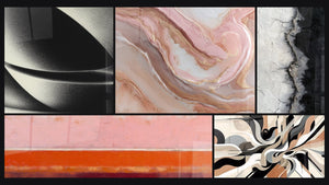 Mozaïek van vijf schilderijen, waaronder Abstracte bol en Grafische Trillingen