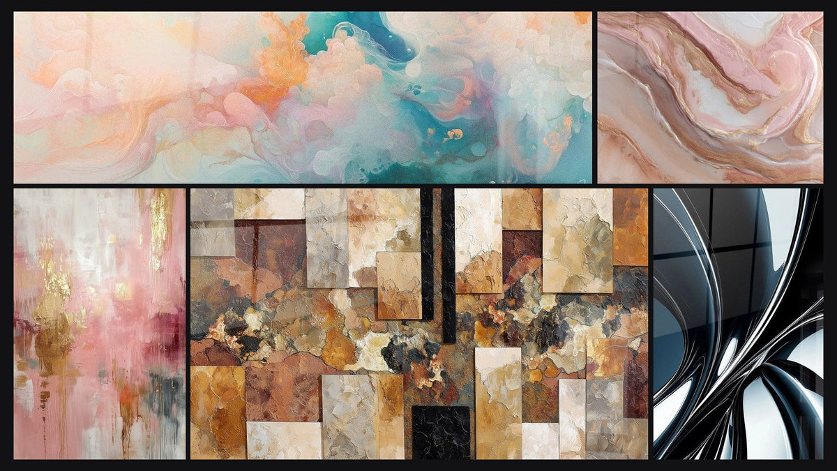 Mosaïque de cinq tableaux, dont Cumulus Flottants Rose et Spirale métallique chromée